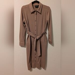 Woman With Control Tan Long Sleeve Shirt Dress